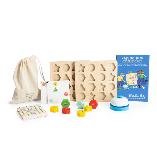 Rapido duo Les Loufoques wooden speed game set with boards, pieces, and bell
