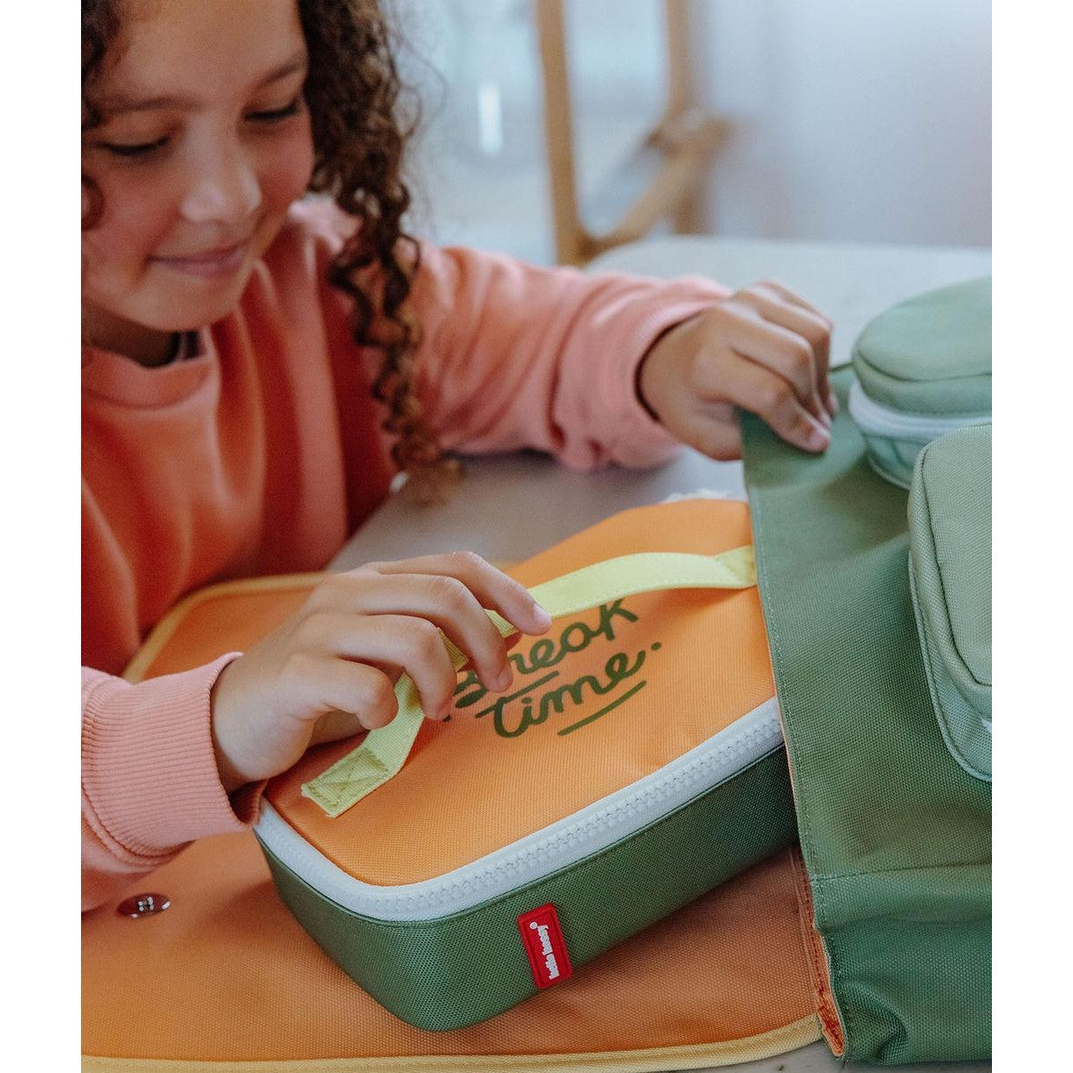 Mini Safari insulated lunch bag olive green with orange top and yellow handle