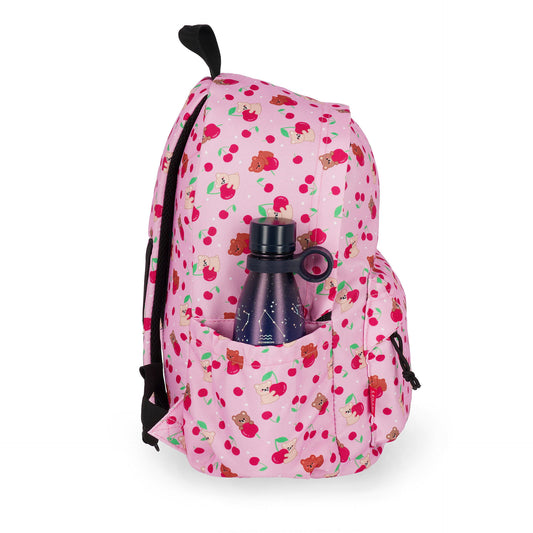 Pink backpack side view with water bottle in mesh pocket
