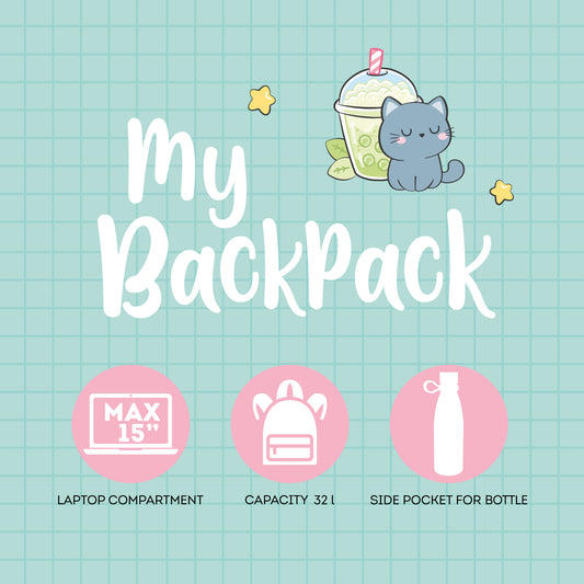 My Backpack features graphic showing 15-inch laptop fit and side bottle pocket