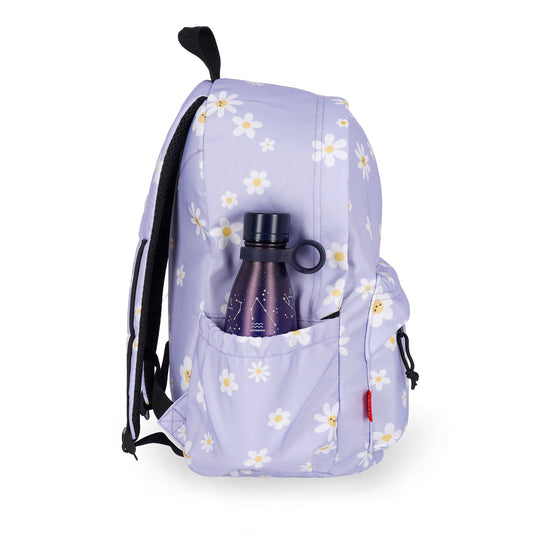 Lilac daisy backpack with side pocket holding a dark purple water bottle