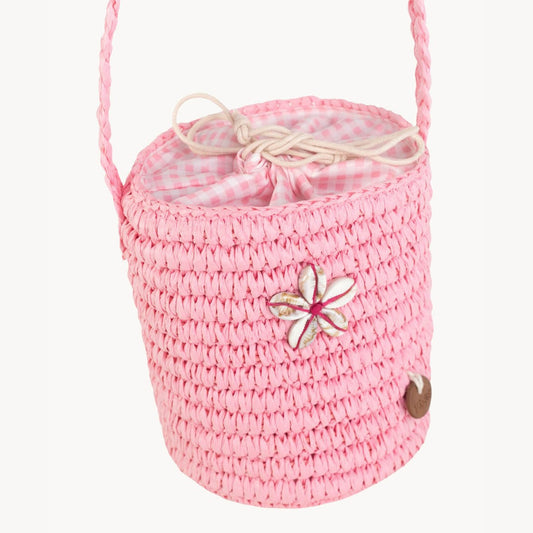 Sac bandoulière seau en fibre naturelle pour fille, fermeture à cordon, couleur rose
