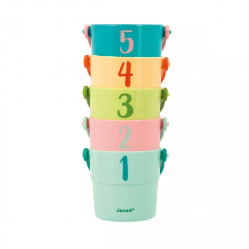 Janod numbered 1-5 stackable bath buckets with matching colored handles