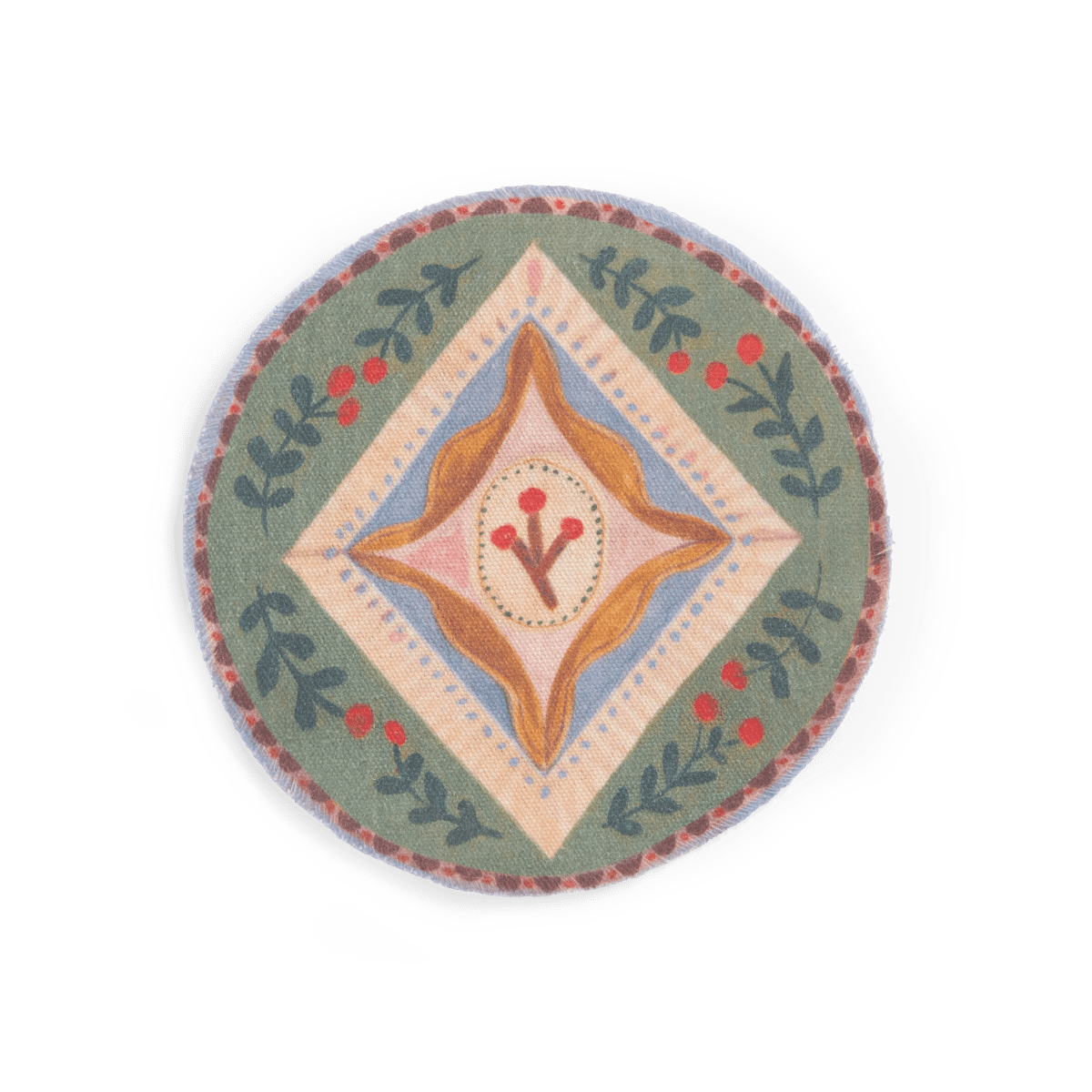 Close-up of circular folk-art fabric rug with berry pattern and frayed edges