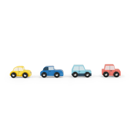 Set of 4 retro wooden toy cars in yellow, blue, and pink