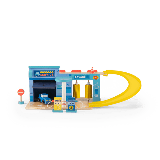 Complete wooden toy service station set with garage, car wash, and fuel pumps