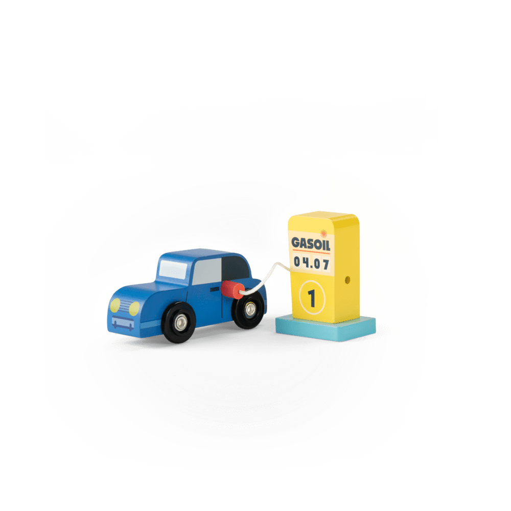 Yellow wooden gas pump connected to blue toy car with cord and nozzle