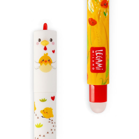 Close-up of Legami hen pen cap illustration and translucent eraser tip detail