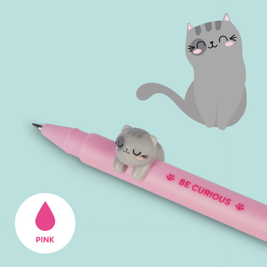 Close-up of Legami pink ink gel pen tip and attached grey cat detail