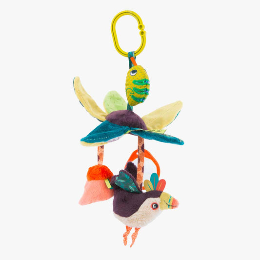 Hanging baby activity center with colorful flower petals and attached animal figures