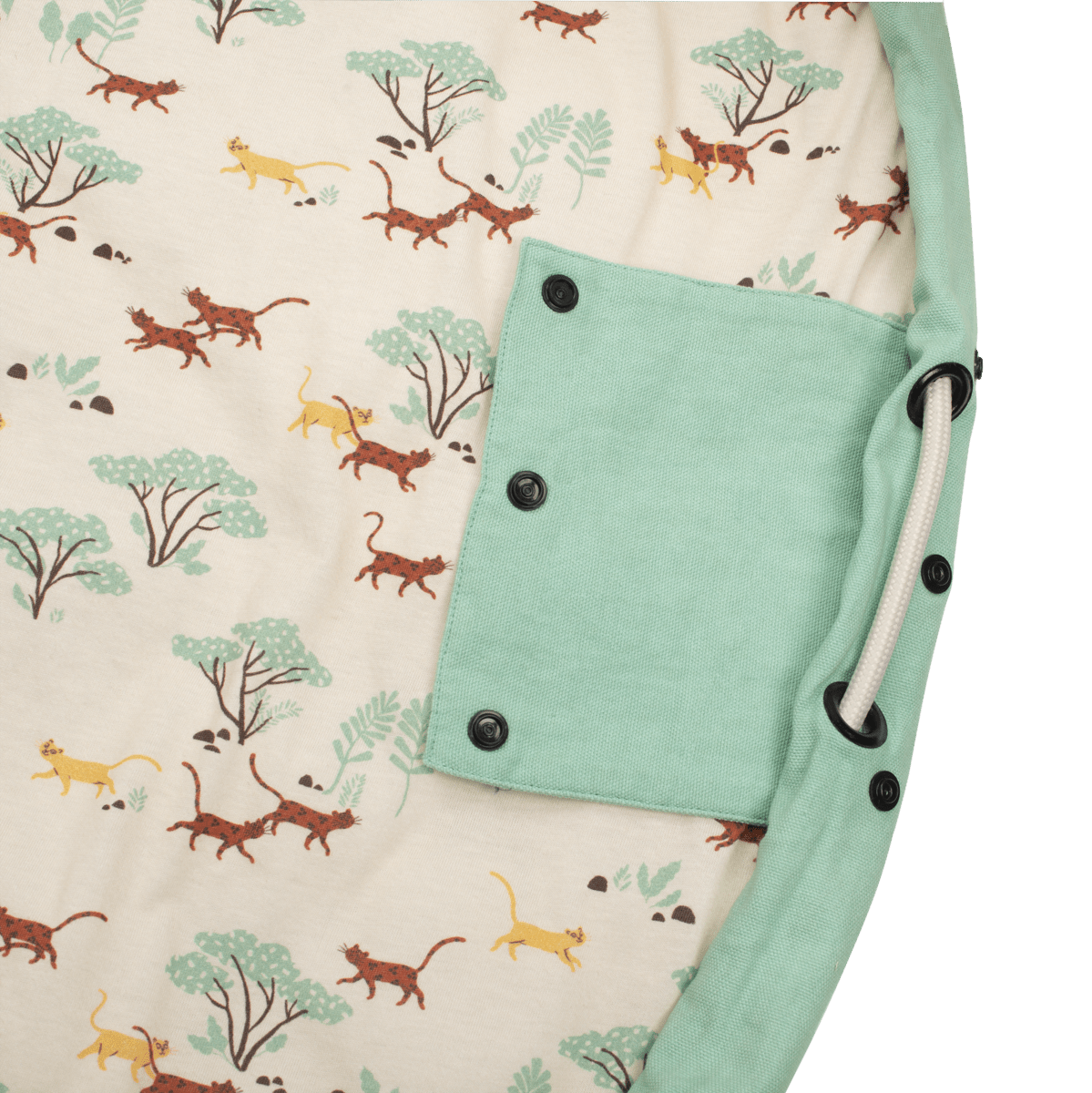 Mint green snap-button border detail on cream cat-print cotton playmat