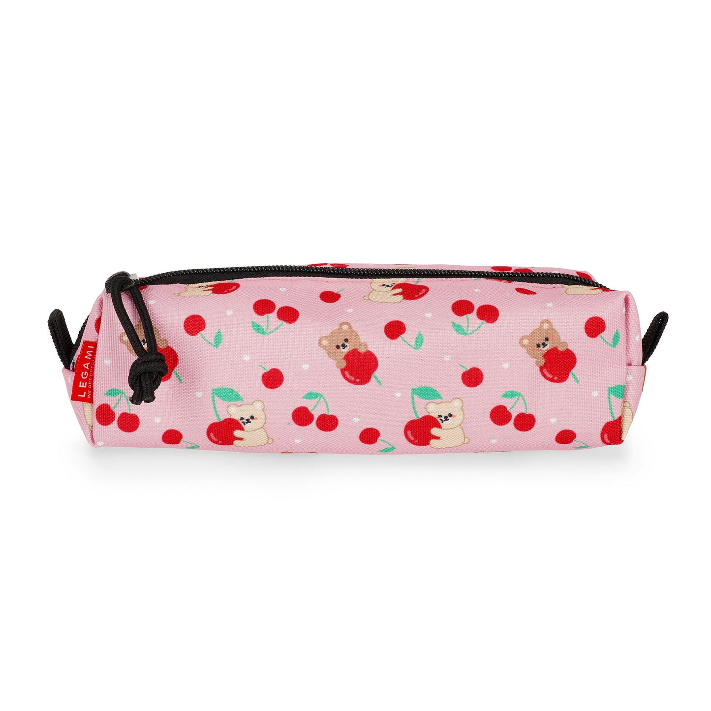 Side view of pink cylindrical pencil case showing full teddy bear pattern