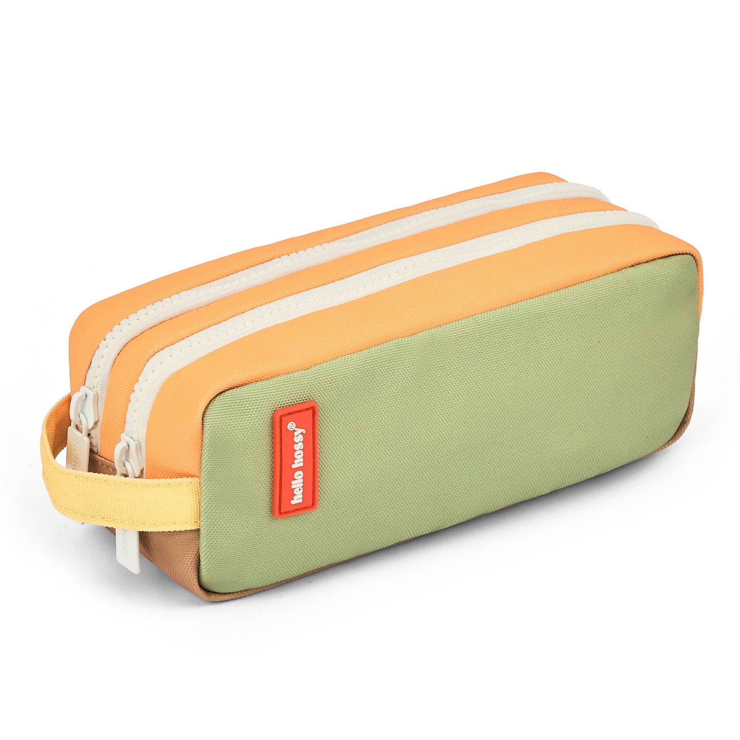 Orange green color block Hello Hossy pencil case with double white zippers