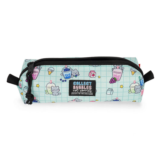 Teal Legami pencil case with cat and bubble tea print, black zipper, and woven label
