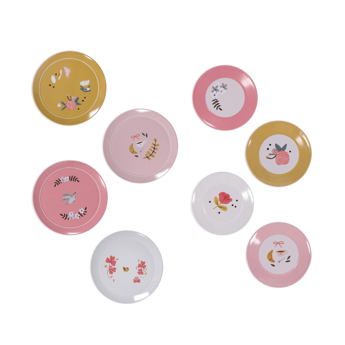 Set of eight patterned metal dessert plates featuring roses, birds, and croissants in pastel colors