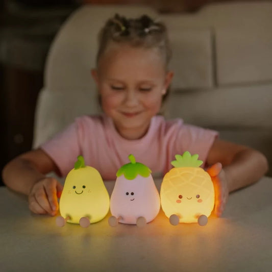 Set of three fruit LED night lights for kids: pear, eggplant, pineapple