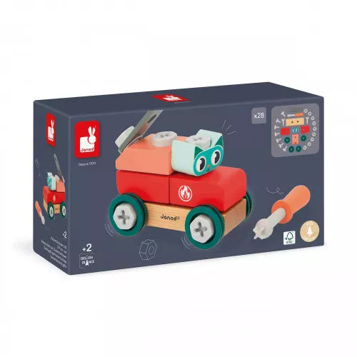 Front view of JANOD wooden building set box featuring cat car design