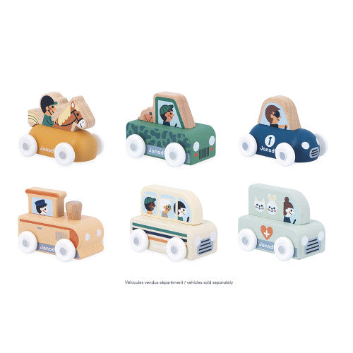 Assorted Janod wooden toy vehicles collection including cars, train and van sold separately