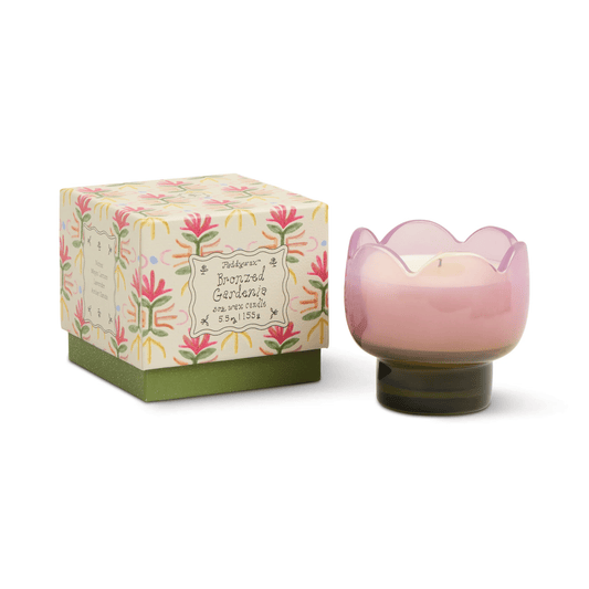 Bougie Tulip en verre violet & vert – Senteur Gardénia Ambré Bronzed Gardenia 155 g