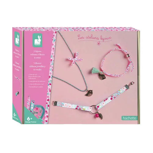 Janod craft kit box showing 3 finished ribbon flower jewelry pieces