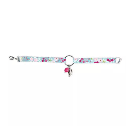 Light blue floral bracelet with silver clasp and dangling leaf charm