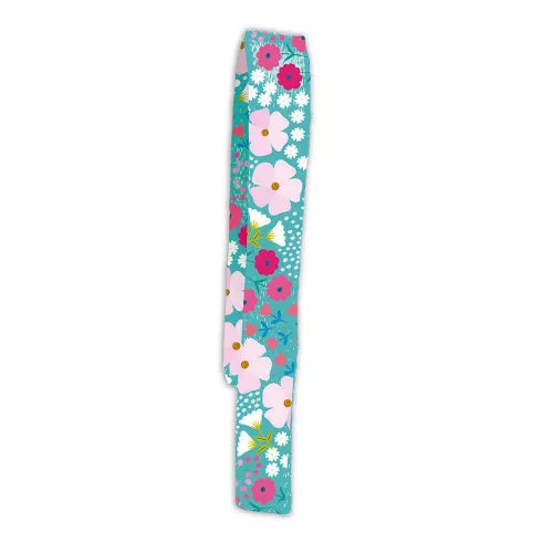 Teal fabric ribbon with large pink and white flowers for craft project
