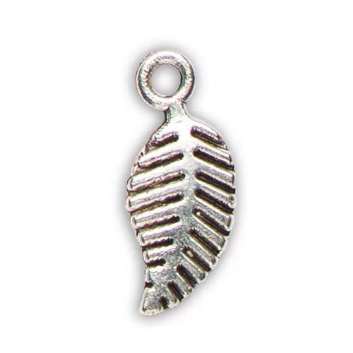 Silver-toned metal leaf charm with engraved veins for jewelry making