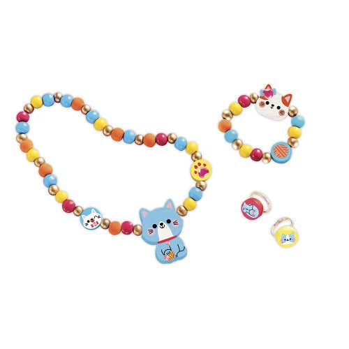 Completed wooden cat necklace bracelet and rings set from JANOD craft kit