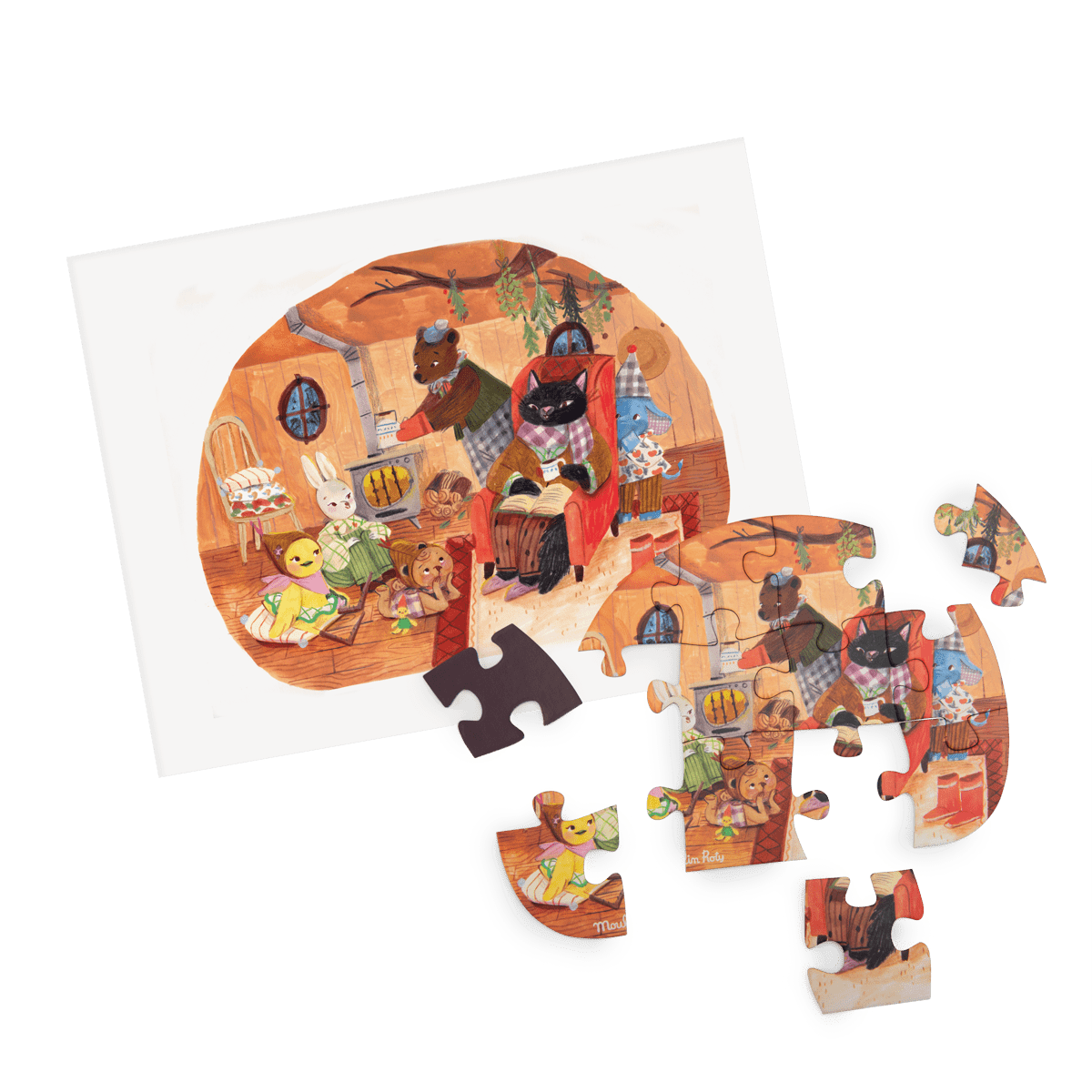 Moulin Roty 12-piece puzzle cozy evening gathering by fire