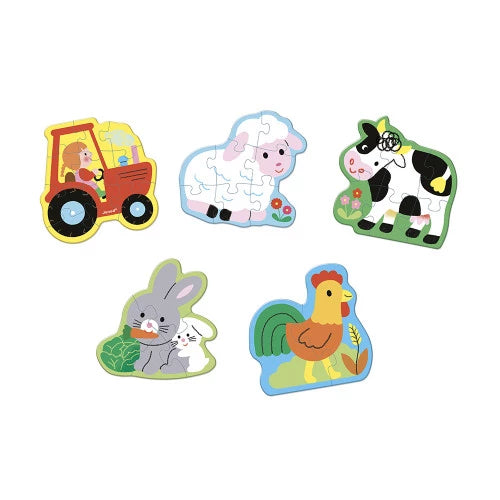 Five interlocking farm animal puzzle pieces for early learning