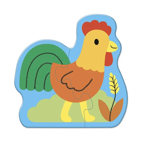 Wooden rooster puzzle with green tail feathers for kids