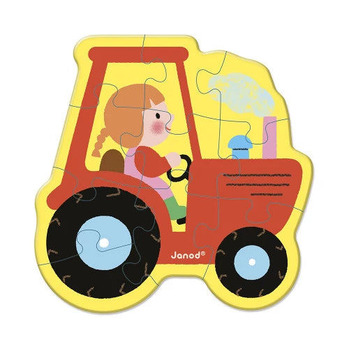 Red tractor puzzle with girl driver for toddler development