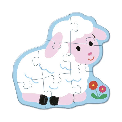 Close-up white sheep puzzle piece with blue wool texture