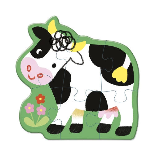Wooden cow puzzle with pink snout and floral details for toddlers