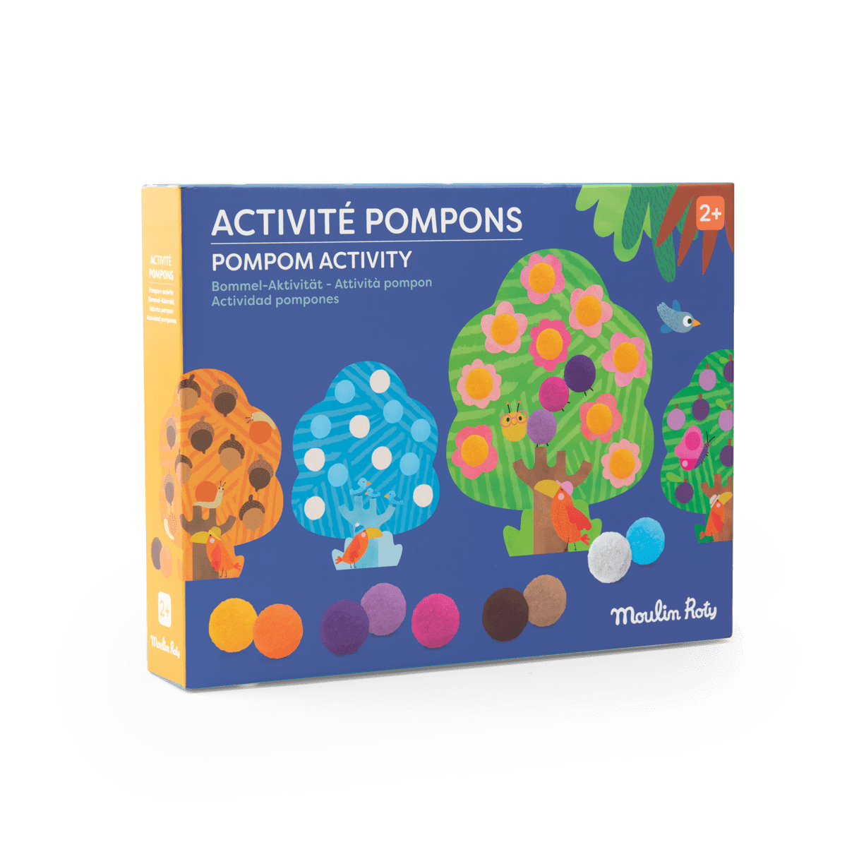 Moulin Roty Pompons Arbres box set featuring four seasonal trees and 48 colorful pom-poms