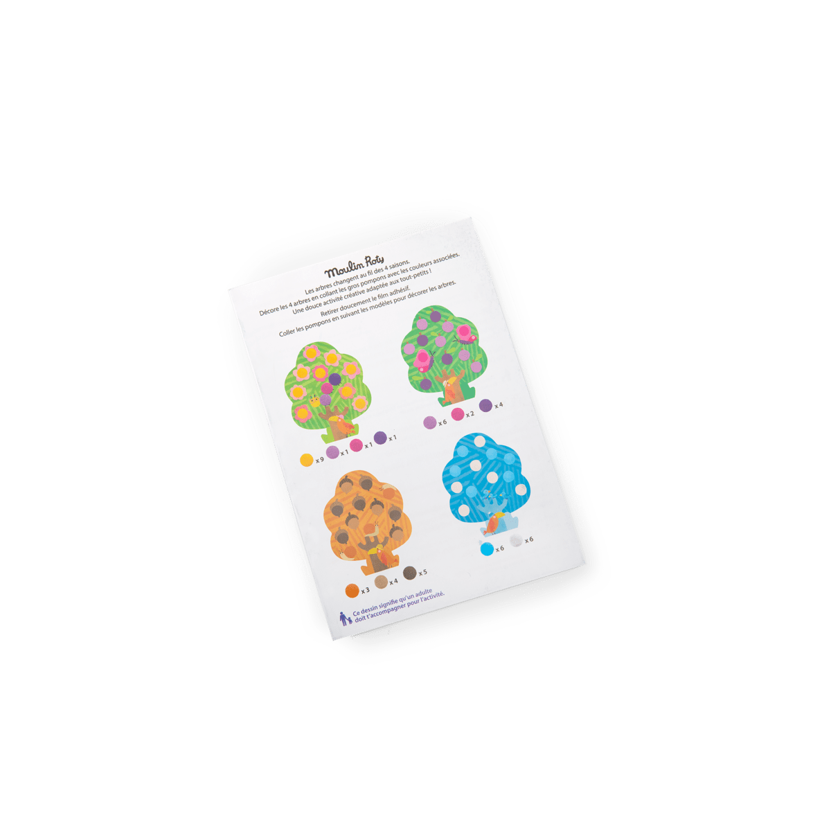 Back of Moulin Roty pompon activity box showing 30mm pom-pom size and 48-piece count details