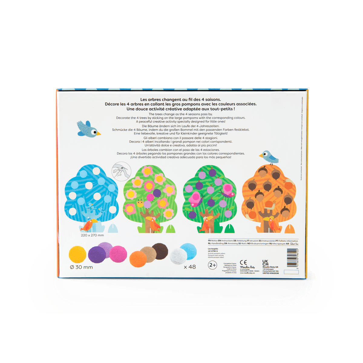 Moulin Roty activity instruction sheet showing color-coded pom-pom placement for seasonal trees