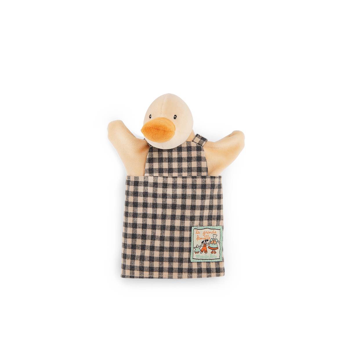Front view of Moulin Roty Amédée duck puppet wearing checkered overalls and family graphic