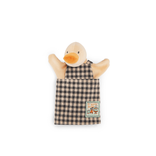 Front view of Moulin Roty Amédée duck puppet wearing checkered overalls and family graphic