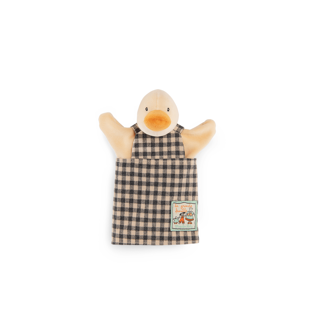 Beige plush duck hand puppet in dark grey gingham outfit with 'la grande famille' label