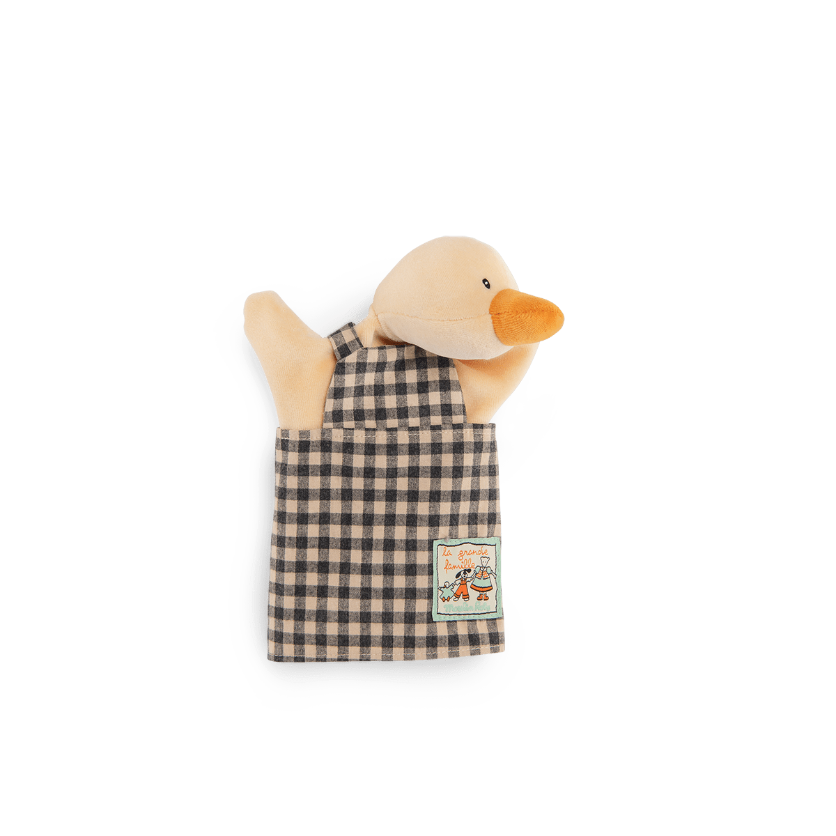 Amédée le canard plush duck hand puppet in grey gingham overall dress with family patch