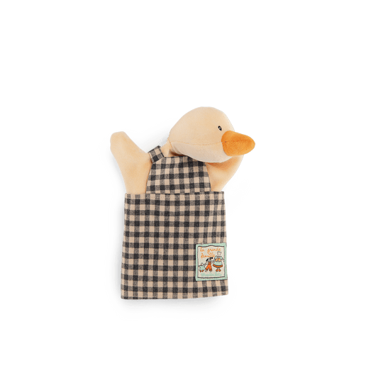 Amédée le canard plush duck hand puppet in grey gingham overall dress with family patch