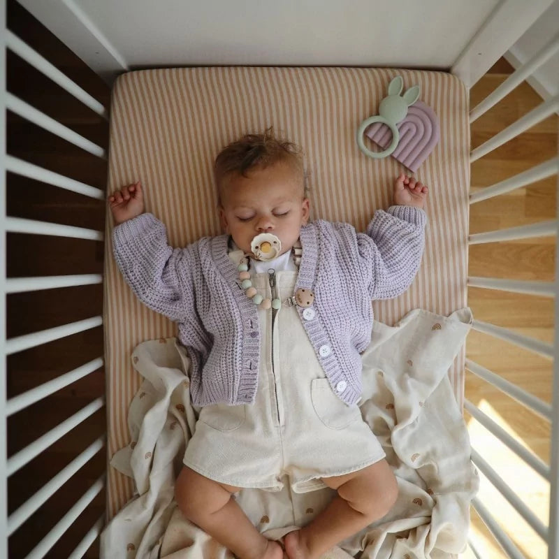 MUSHIES silicone rabbit teether with baby in crib
