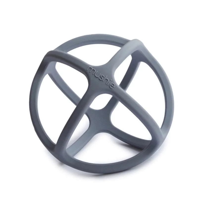 Close-up of MUSHIES grey silicone lattice teether ball with embossed logo