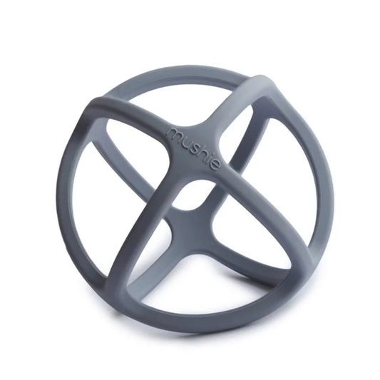 Close-up of MUSHIES grey silicone lattice teether ball with embossed logo