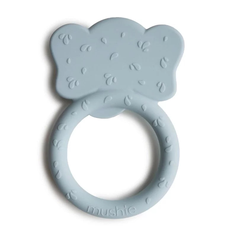 Light blue cloud-shaped silicone teether with embossed texture for sensory relief