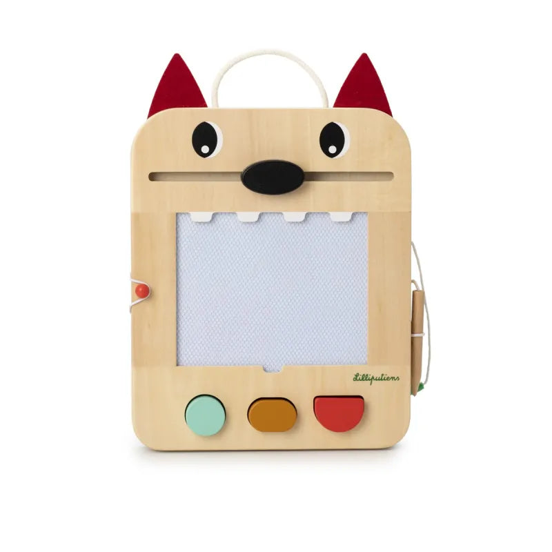 Lilliputiens wooden wolf drawing toy with red felt ears and white erasable surface