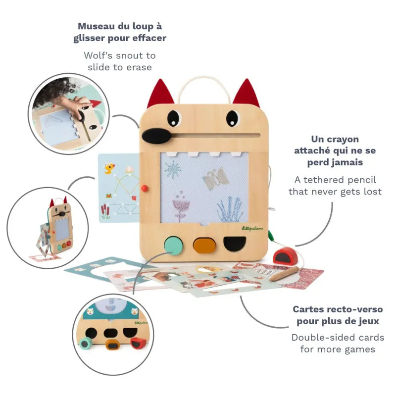 Wolf-shaped wooden kids art set showing tethered pencil and double-sided activity cards