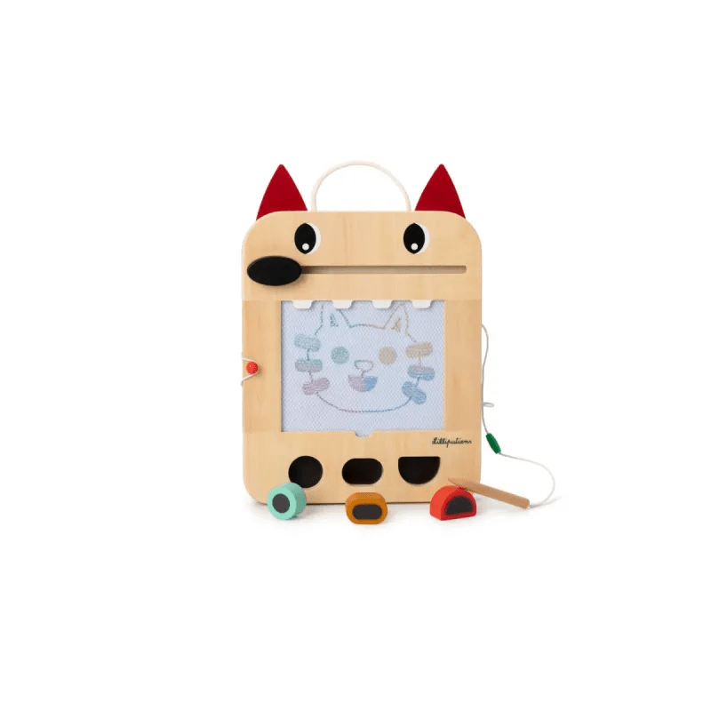 Wooden wolf art toy displaying colored dot cat drawing with loose shape pieces