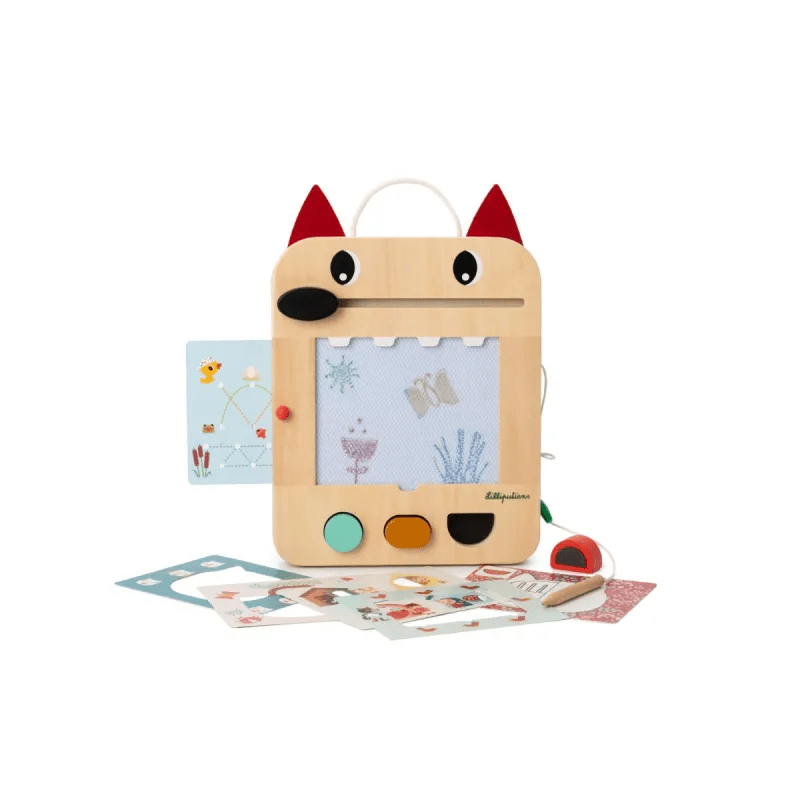 Lilliputiens wolf activity toy with blue animal card and scattered colorful game pieces